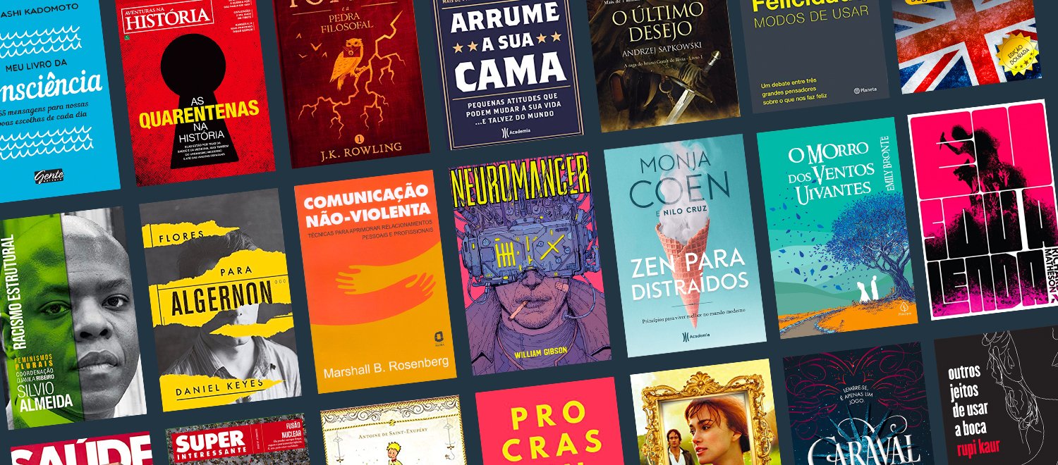 Mosaico com dezenas de capas de livros do catálogo